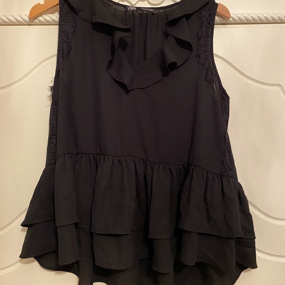 zara black lace and ruffle tank top